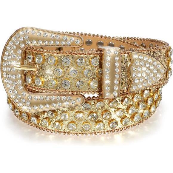 Women Men Rhinestones Belt D-gold